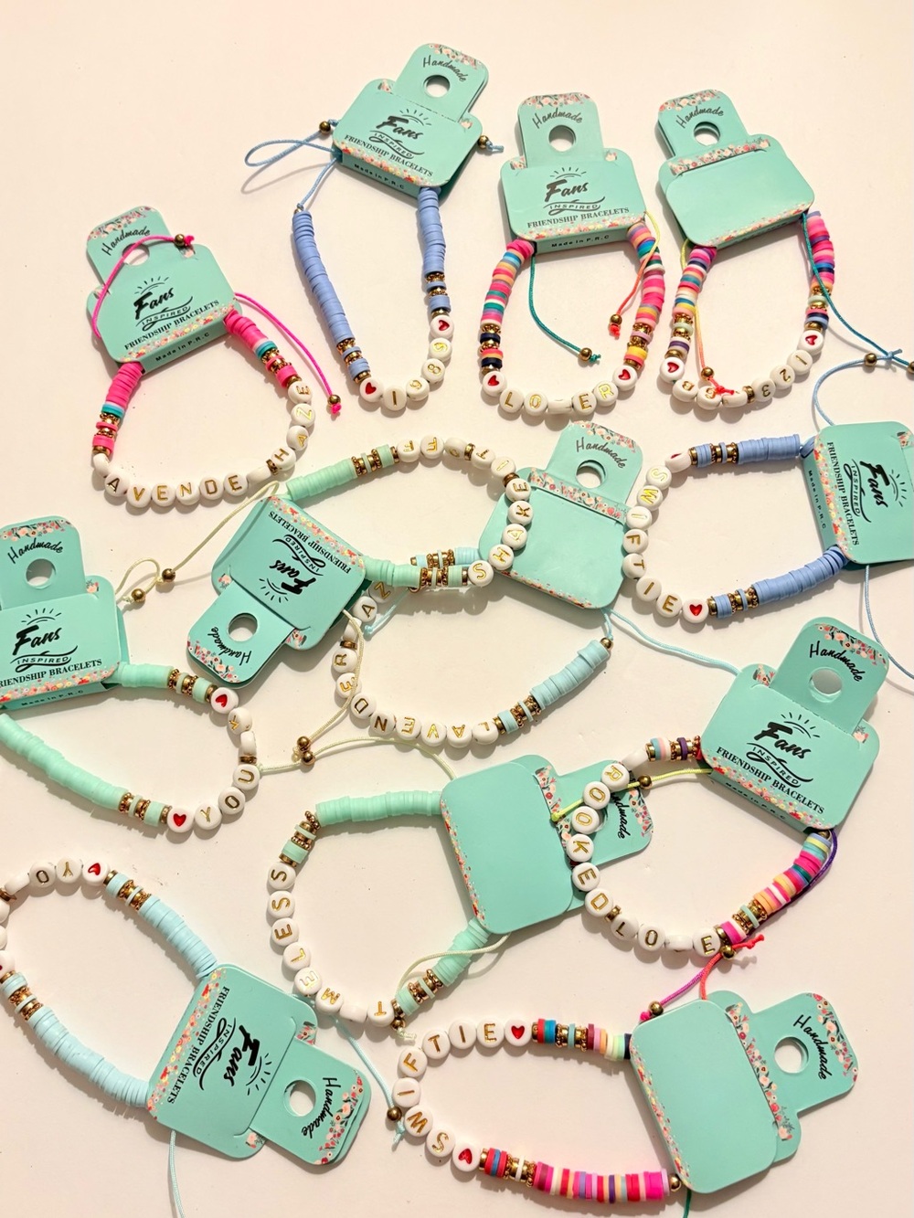 Bundle of 12 Pastel Mint & Multi Kids  FRIENDSHIP Name Bead Bracelet - Handmade